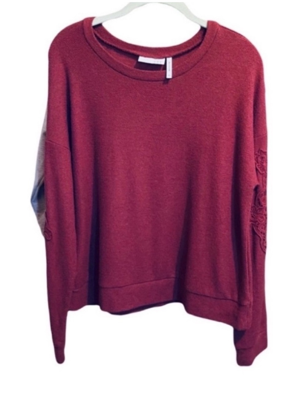 LUQ Lace Detail Pullover Sweater Long Sleeve Heather Wine Red Size XL